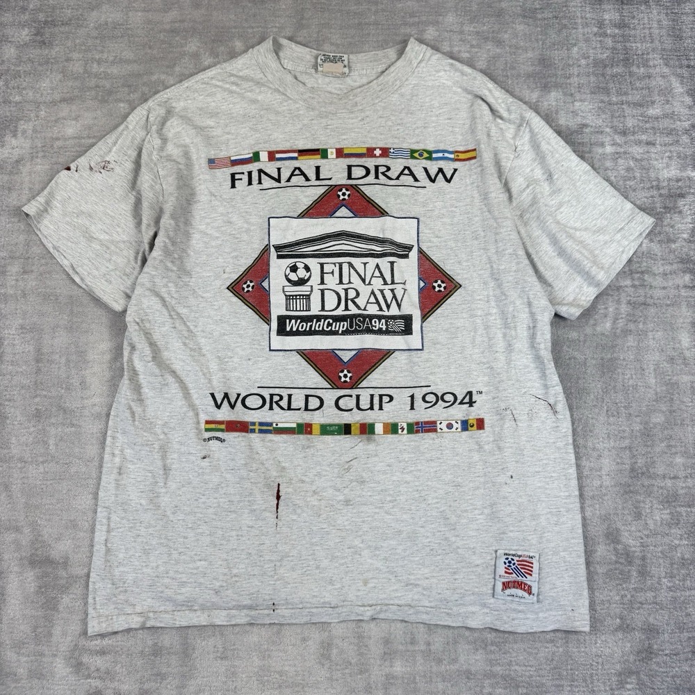 Vtg 1994 FIFA Worldcup Shirt Mens XL Gray Nutmeg Final‎ Draw Soccer Distressed
